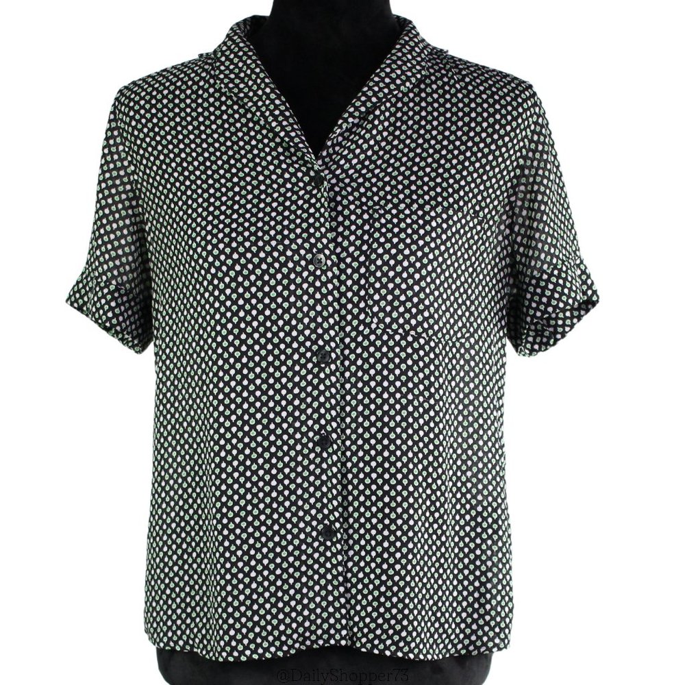 Uniqlo Women's Black White Green Polka Dot Button Up High Low Blouse - Small - Picture 1 of 9